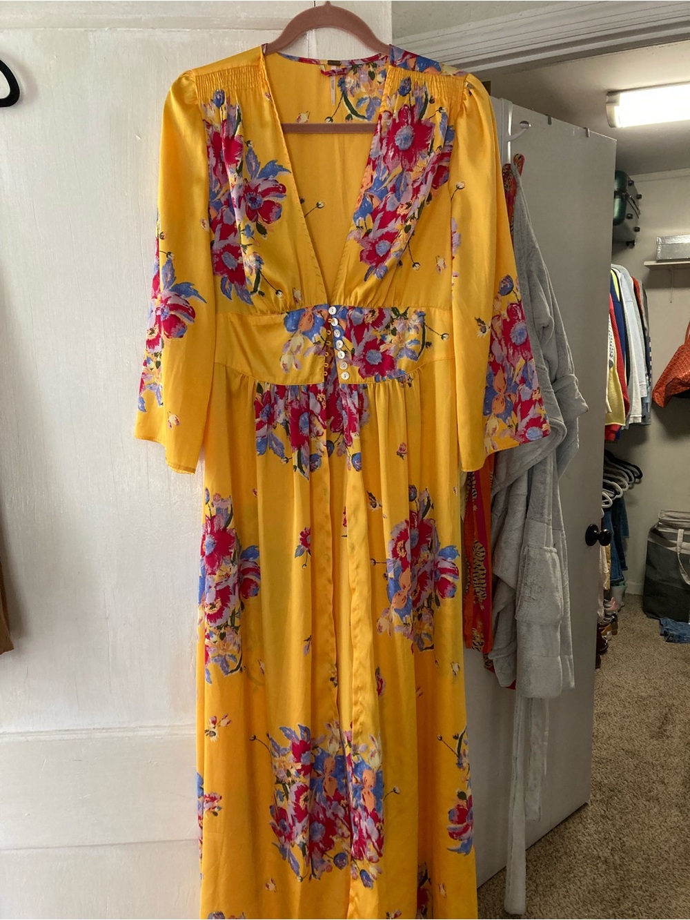 Free People Yellow Floral V-Neck Maxi Dress